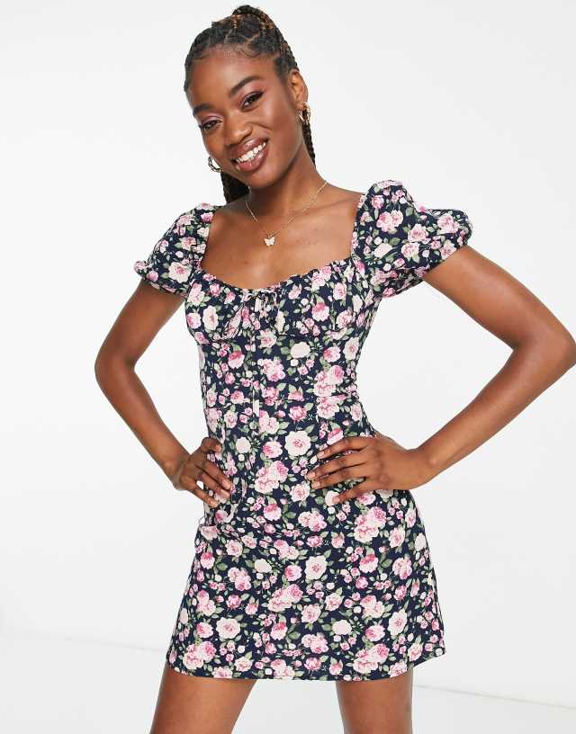 NaaNaa - milkmaid mini dress in black and pink floral