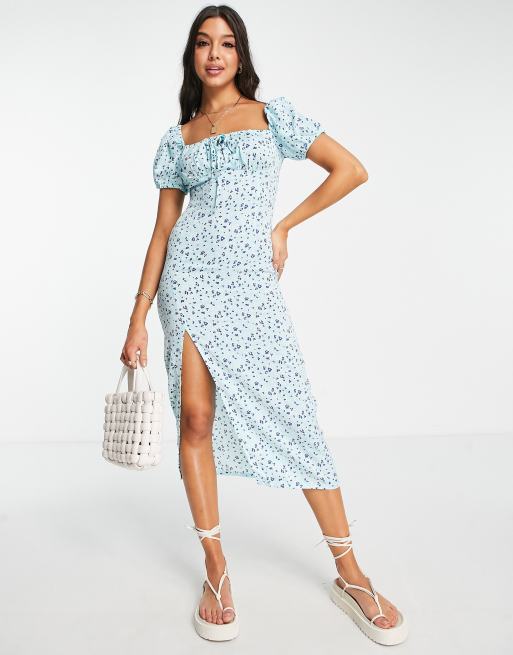 NaaNaa milkmaid side split midi dress in blue floral | ASOS