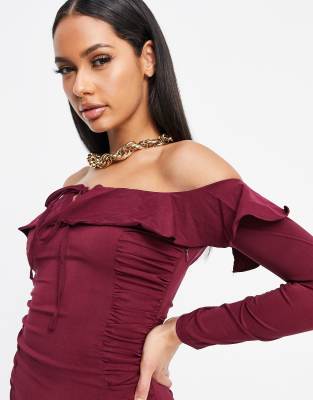 burgundy off the shoulder long sleeve dress