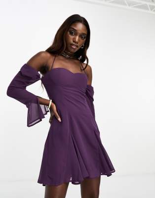 NaaNaa NaaNaa off the shoulder mini dress with ruffle details in purple