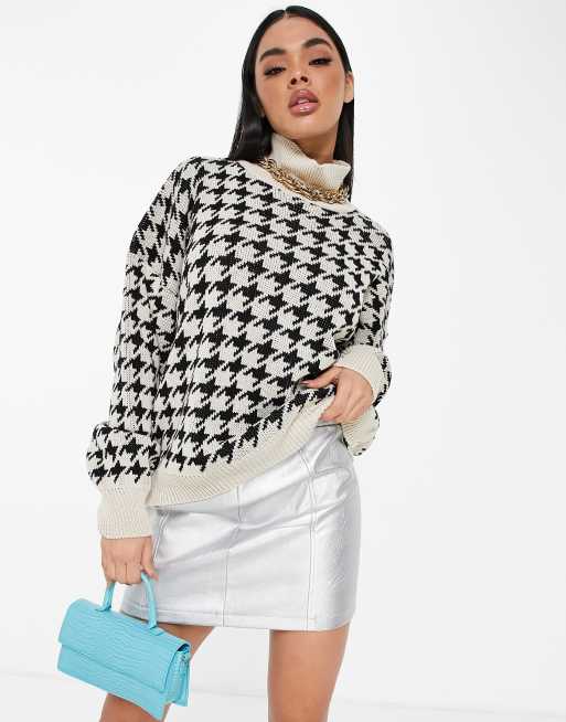 NaaNaa - Oversized gebreide trui met steenkleurige pied-de-poule print