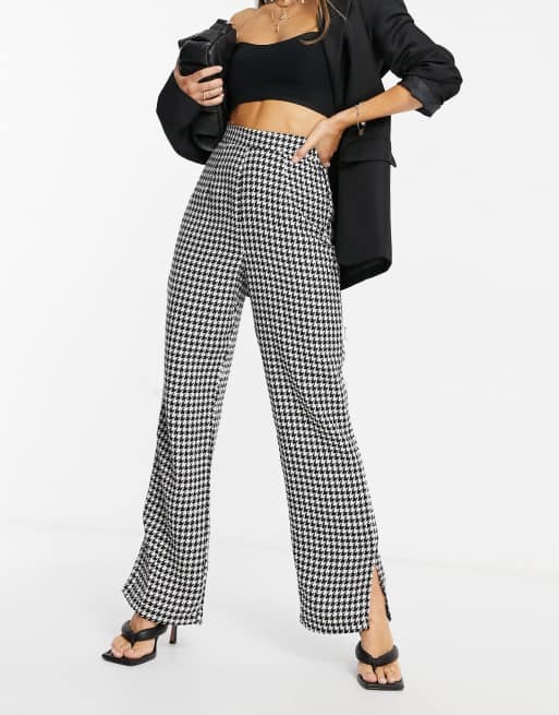NaaNaa - Pantaloni sartoriali a vita alta con spacchi sul fondo e motivo pied de poule nero