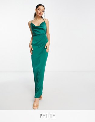 cowl neck satin prom maxi dress in emerald green