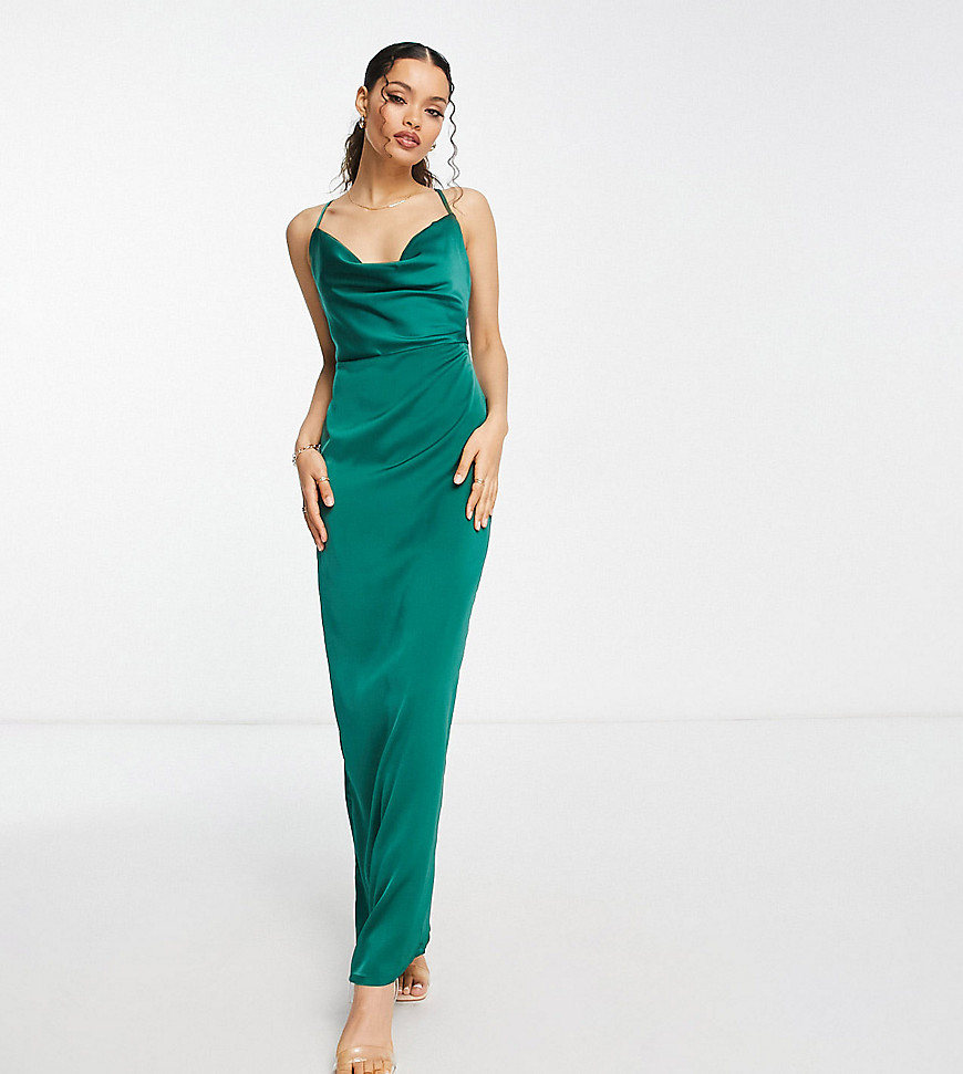 cowl neck satin prom maxi dress in emerald green