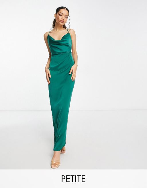  NaaNaa Petite cowl neck satin prom maxi dress in emerald green