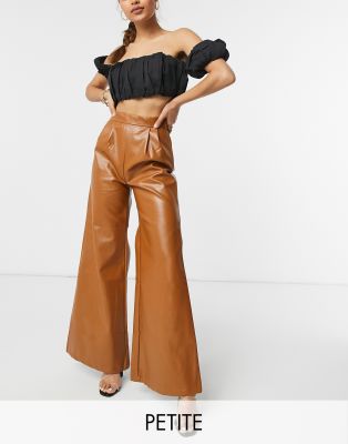 chocolate faux leather pleat detail wide leg trousers