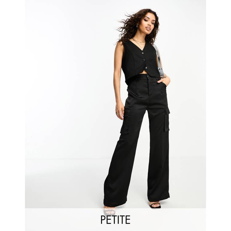 NaaNaa Petite high rise satin cargo pants in black