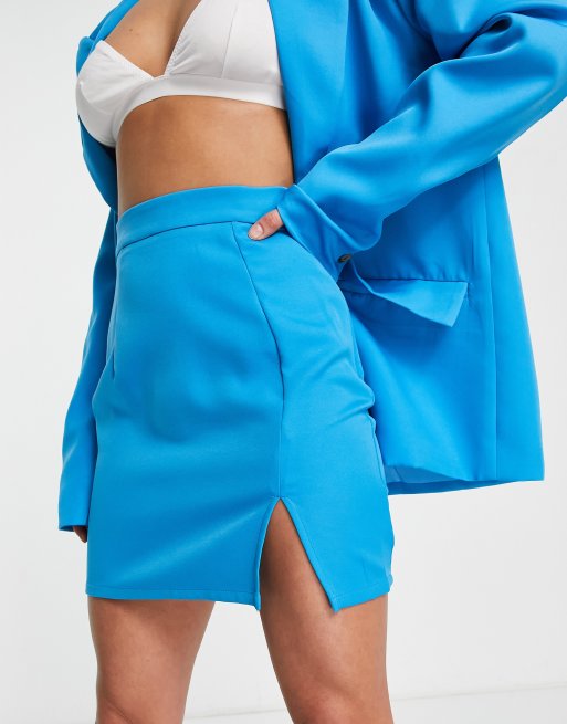 NaaNaa Petite high waisted side split skirt in cyan blue, 3 of 4
