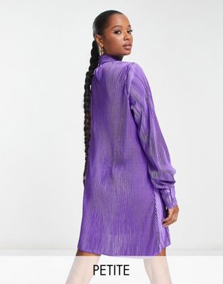 NaaNaa Petite plisse long sleeve smock dress in purple