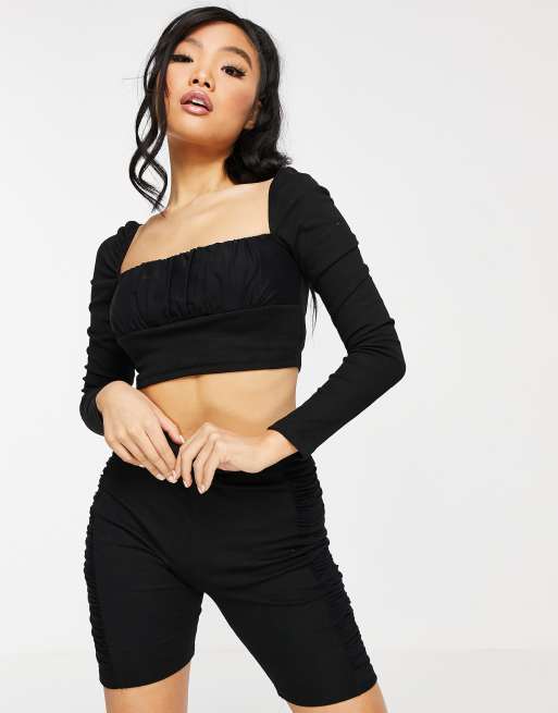 Ruched long hot sale sleeve crop top