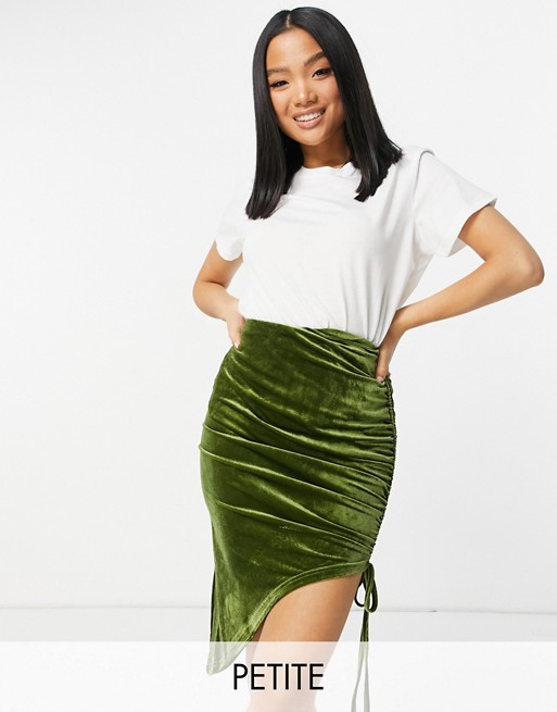 NaaNaa Petite ruched mini skirt in green velvet