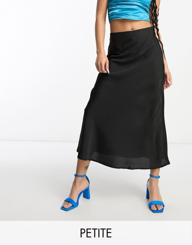 NaaNaa Petite satin bias midi skirt in black