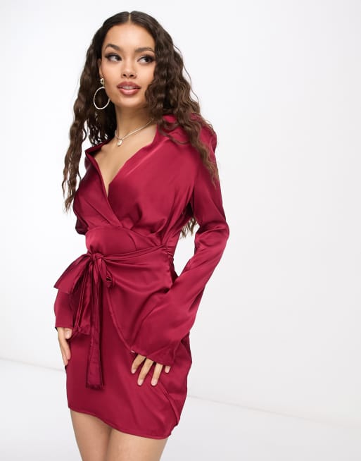 NaaNaa Petite satin blazer dress with tie waist in burgundy