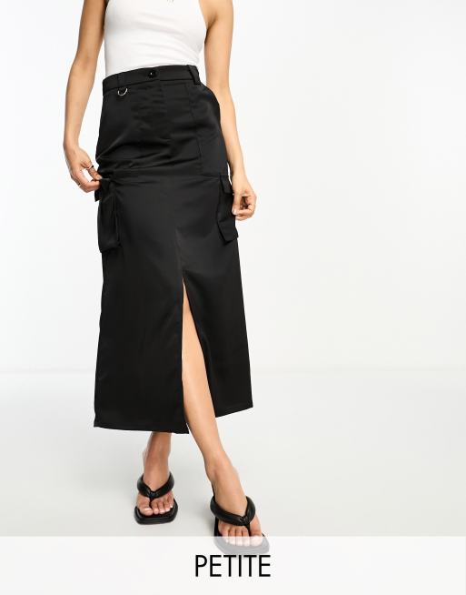 NaaNaa Petite satin midi skirt with cargo pockets in black