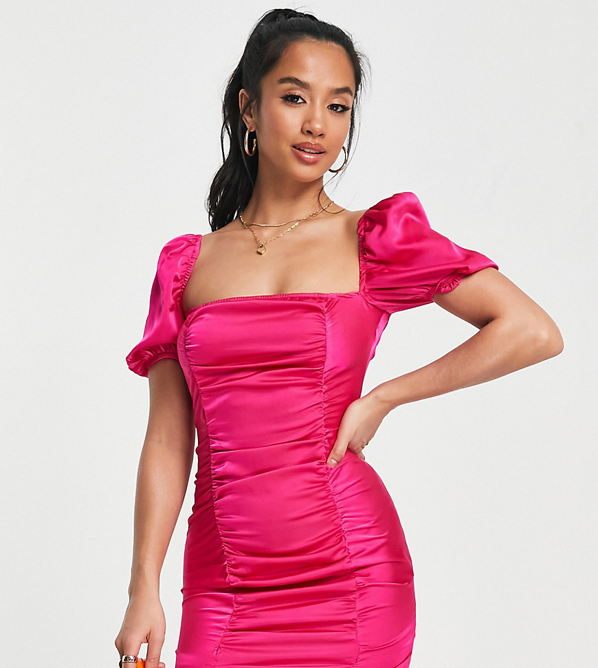 square neck satin mini dress in fuchsia-Pink
