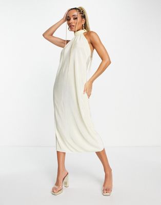 NaaNaa plisse backless midi dress in cream-White