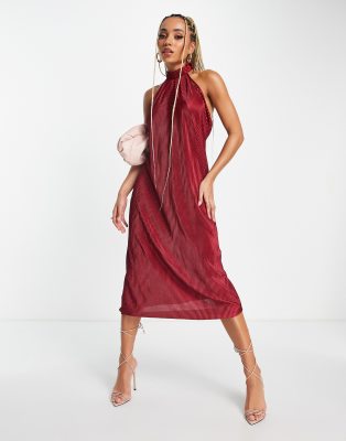 NaaNaa plisse backless midi dress in red