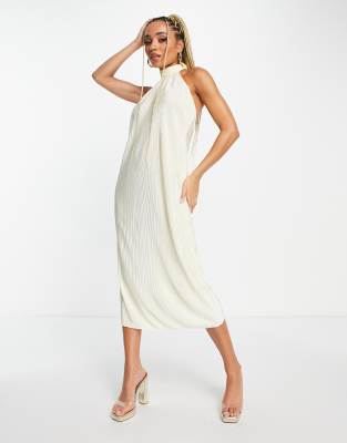 NaaNaa - Plissé midi jurk met open rug in crème | ASOS