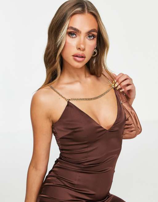 NaaNaa plunge neck satin mini dress in brown, 3 of 4