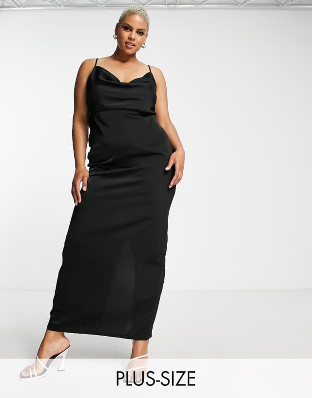 NaaNaa Plus - cowl neck satin maxi dress in black