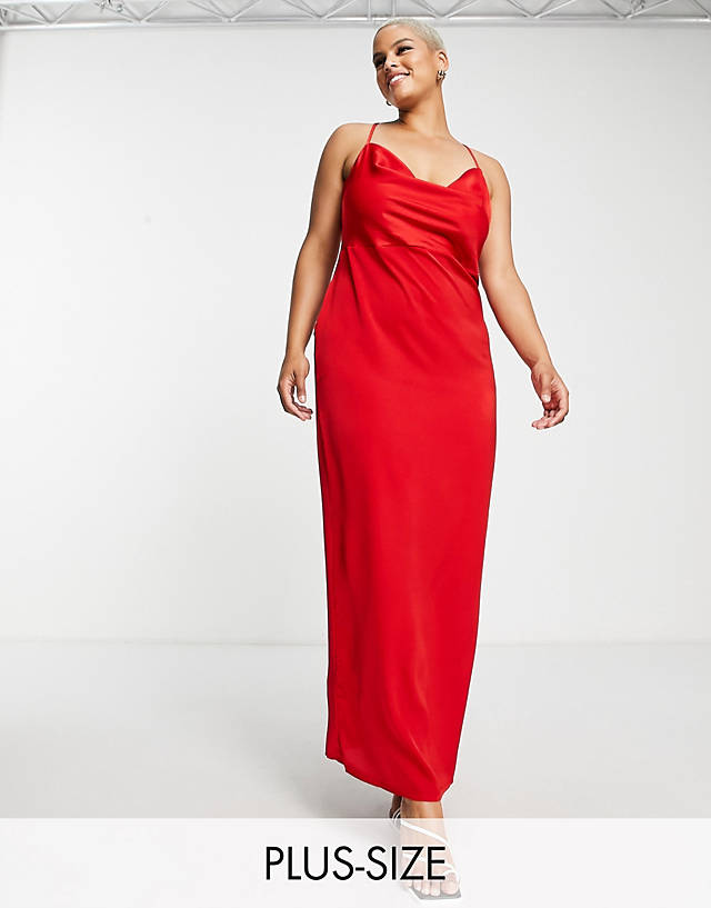 NaaNaa Plus - cowl neck satin maxi dress in red