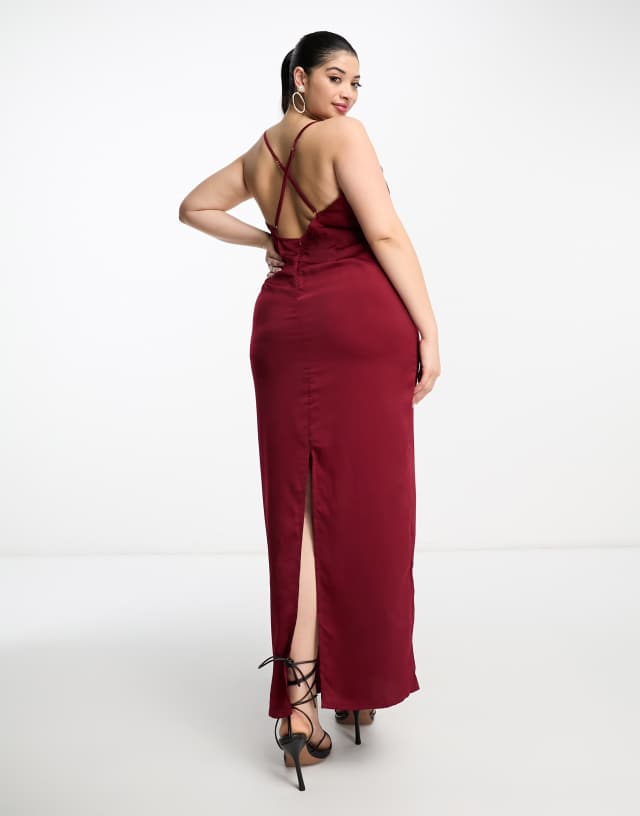 NaaNaa Plus cowl neck satin maxi prom dress in burgundy