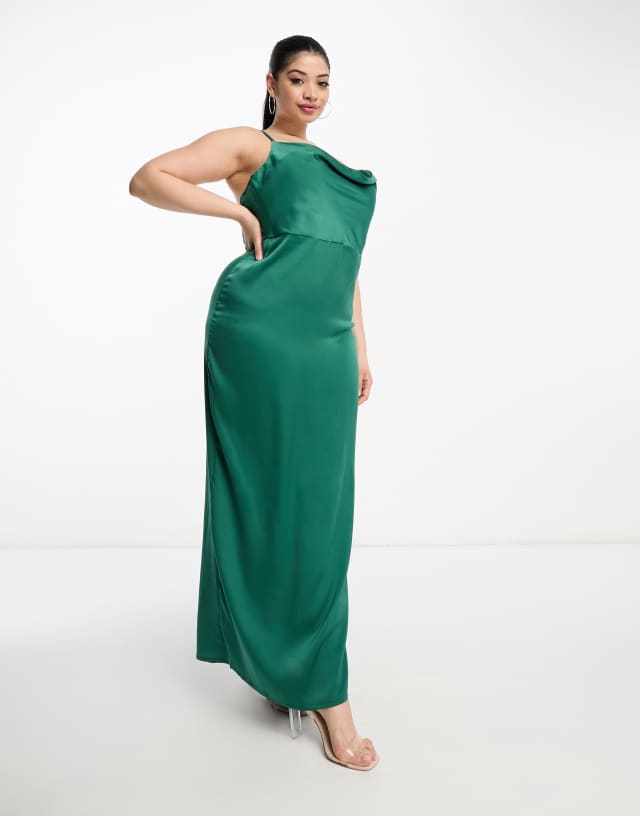 NaaNaa Plus cowl neck satin maxi prom dress in emerald green