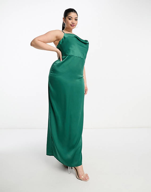 NaaNaa Plus - cowl neck satin prom maxi dress in emerald green
