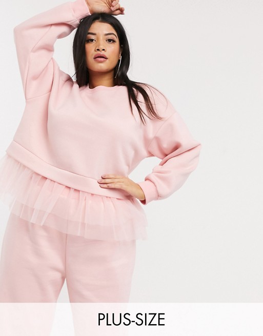 NaaNaa Plus cropped sweatshirt with tulle trim co ord in pink