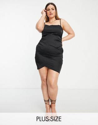 Naanaa Plus Crossover Satin Mini Dress In Black | ModeSens