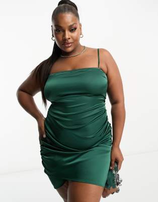 Naanaa Plus Crossover Satin Mini Dress In Emerald Green