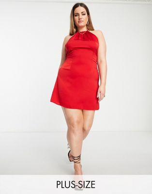 NaaNaa Plus halterneck satin mini dress in red