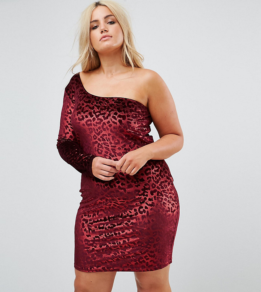 NaaNaa – Plus – Leopardpälsmönstrad bodycon-klänning med en axel-Röd