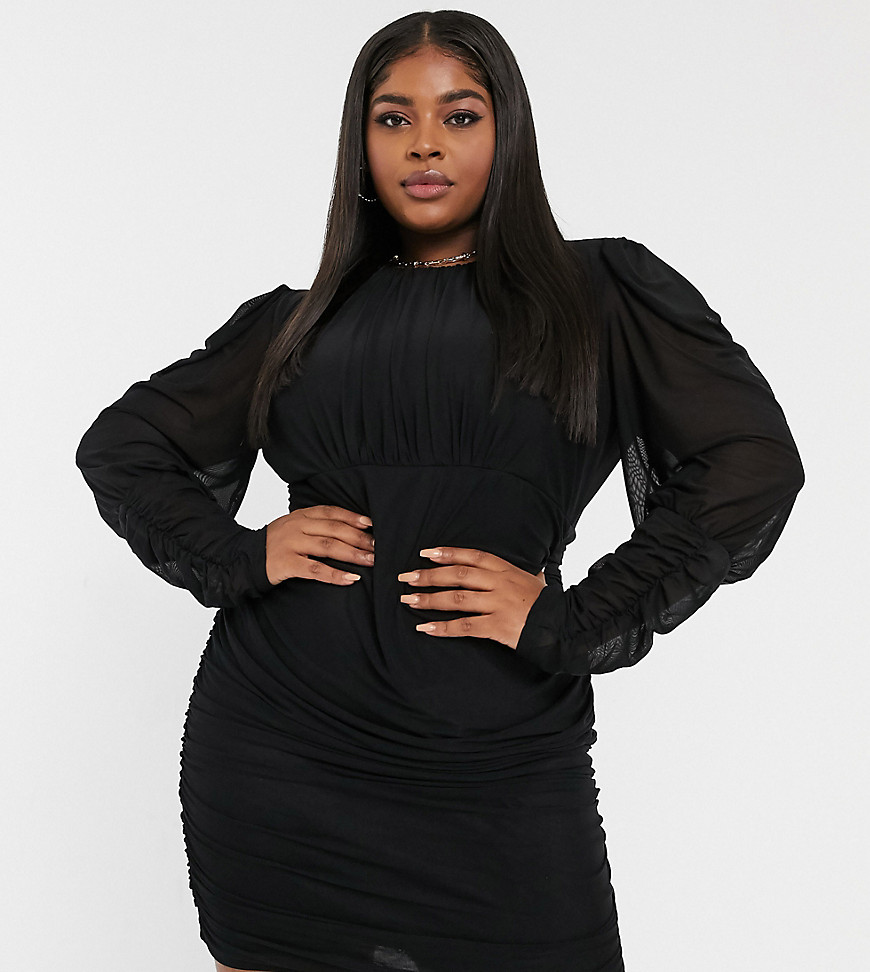NaaNaa Plus mesh long sleeve body-conscious dress in black