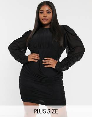 Naanaa Plus Mesh Long Sleeve Bodycon Dress In Black Saluscampusdemadrid