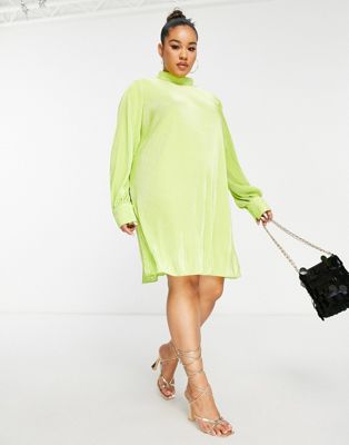 NaaNaa Plus plisse long sleeve smock dress in lime green