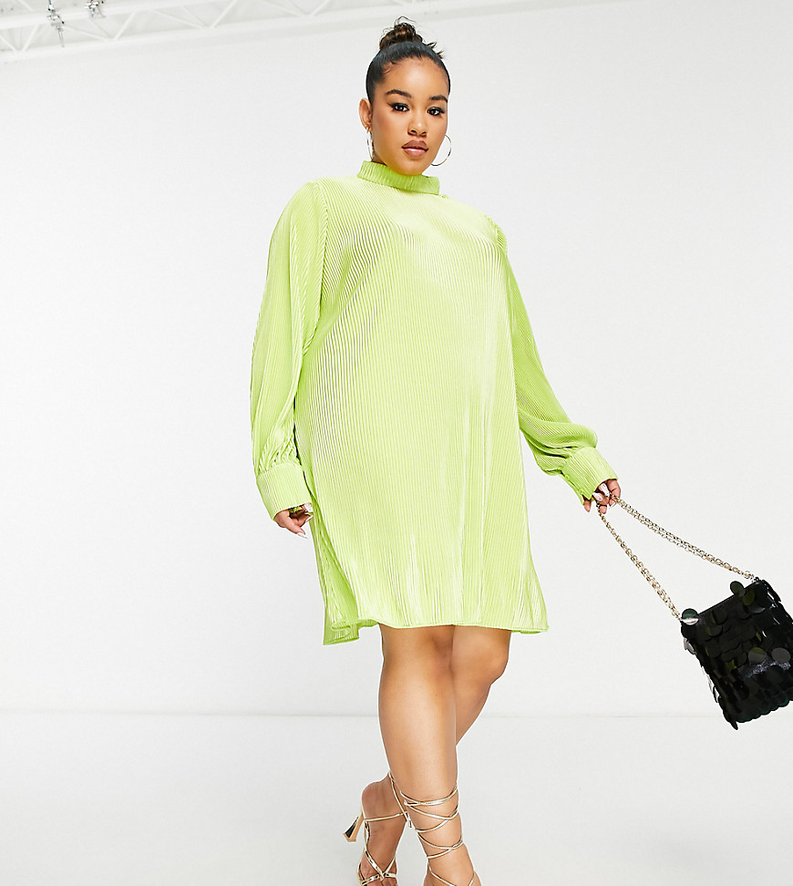 NaaNaa Plus plisse long sleeve smock dress in lime green