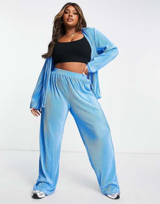 NaaNaa Plus plisse trouser co-ord in blue, 4 of 4