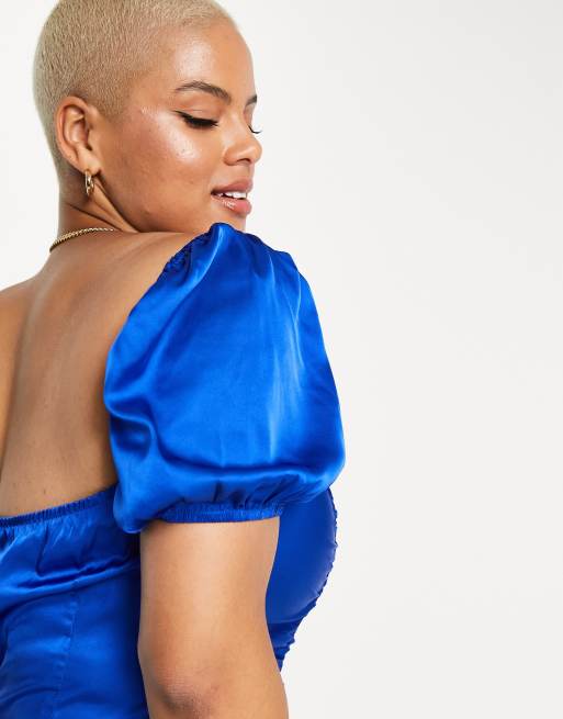 NaaNaa Plus - Robe courte satinée à encolure carrée - Bleu de cobalt, 3 de 4
