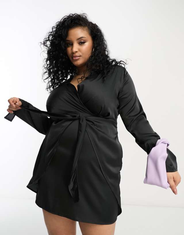 NaaNaa Plus satin blazer dress with tie waist in black