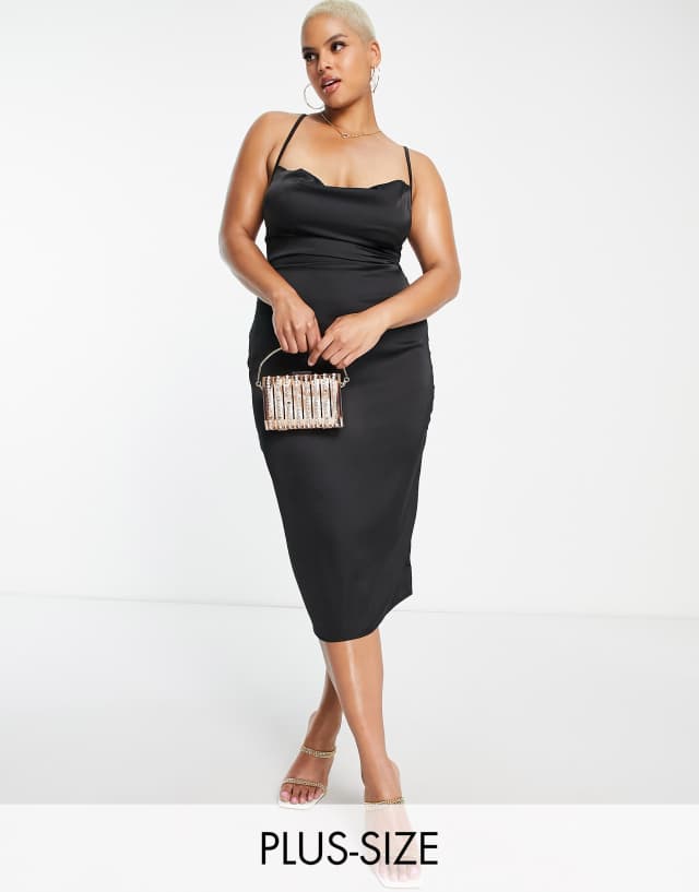 NaaNaa Plus - satin cowl neck midi dress in black