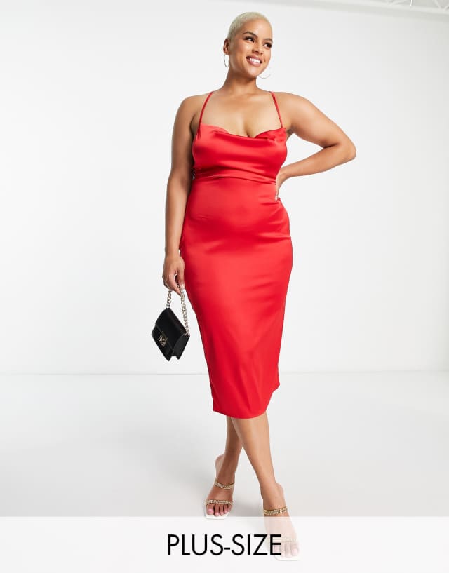 NaaNaa Plus satin cowl neck midi dress in red