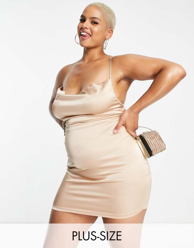 NaaNaa Plus satin cowl neck slip dress in champagne