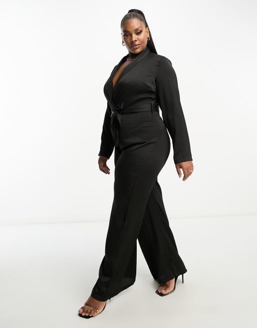 NaaNaa Plus satin jumpsuit with bow in black