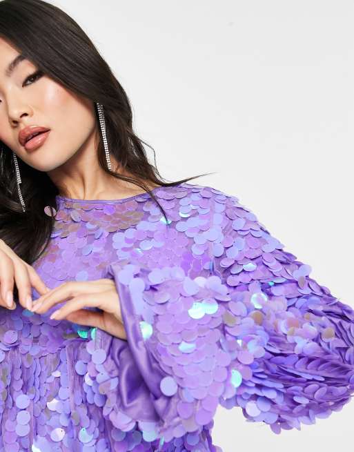 NaaNaa premium sequin long sleeve midi dress in purple