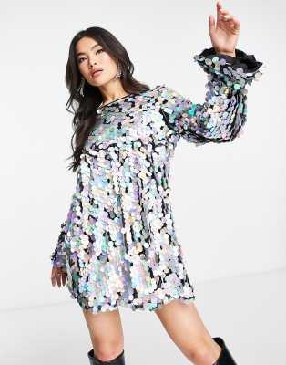 NaaNaa NaaNaa premium sequin long sleeve mini dress in silver