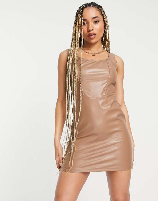 NaaNaa PU bodycon mini dress in tan, 4 of 4