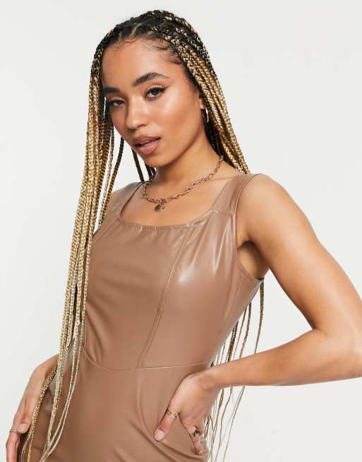 NaaNaa - PU Bodycon minikjole i lysebrun, 3 af 4