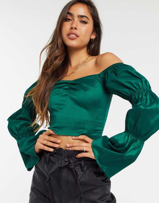 NaaNaa puff sleeve bardot crop top in green ASOS