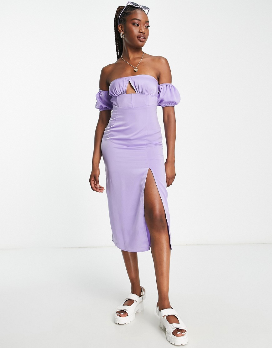 NaaNaa puff sleeve bardot midi dress in lilac-Purple